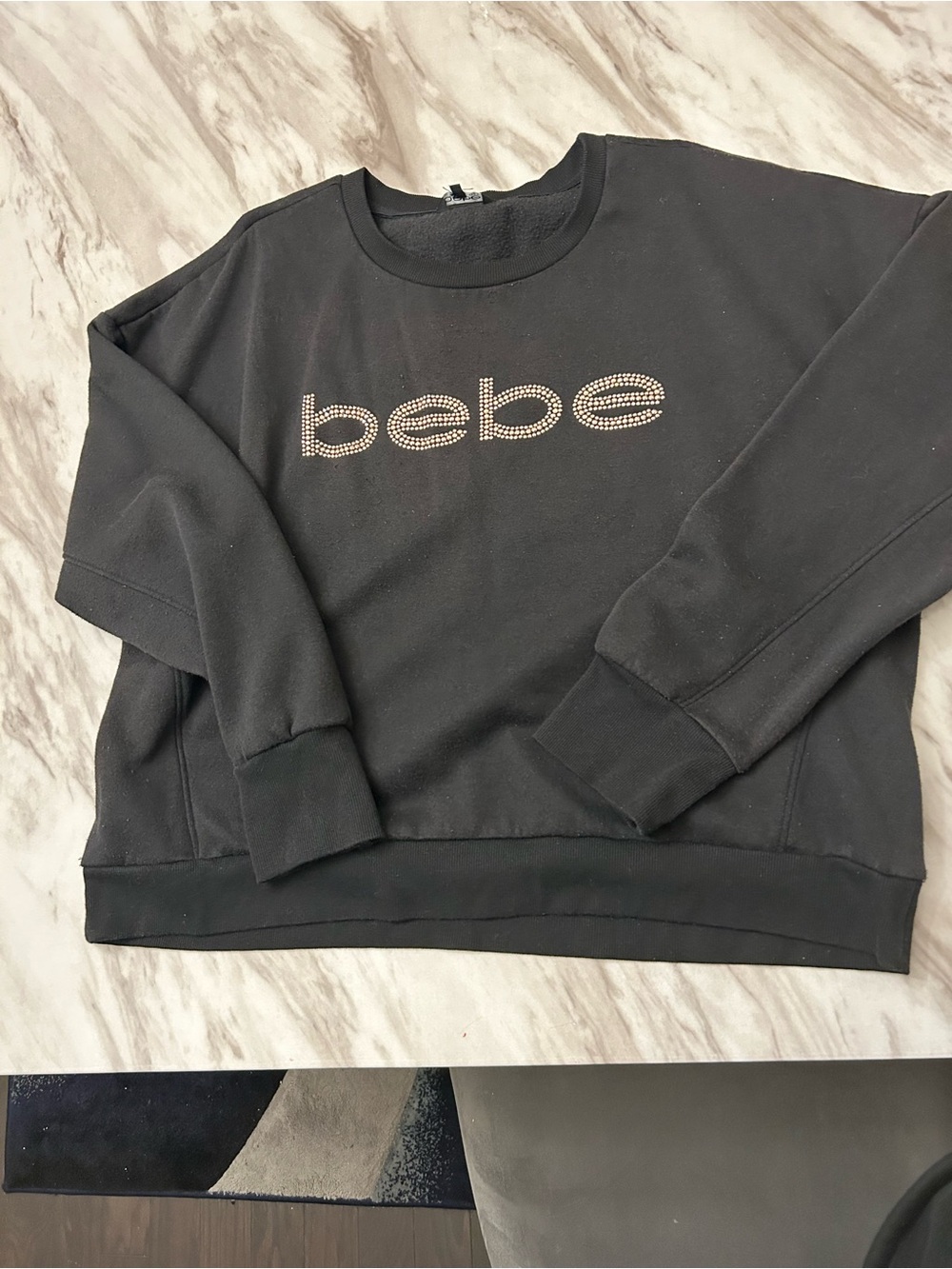 bebe Black Crewneck Sweater with Rhinestone Logo